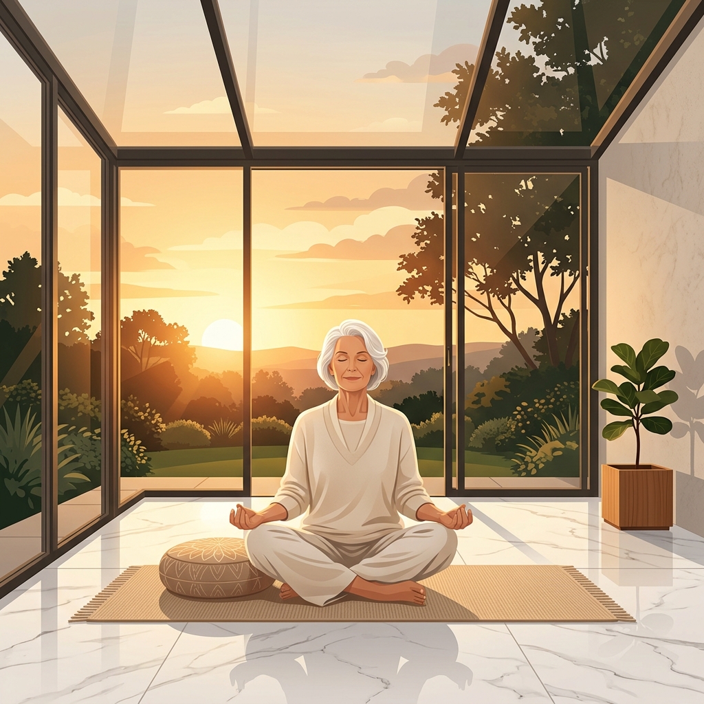 Elegant older woman doing yoga in sunset sunroom